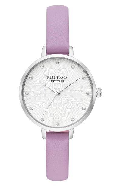 Shop Kate Spade Metro Leather Strap Watch, 34mm In Purple/ White/ Silver