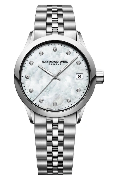Shop Raymond Weil Freelancer Diamond Bracelet Watch, 34mm In Silver/ Mop/ Silver