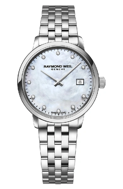 Shop Raymond Weil Toccata Diamond Bracelet Watch, 29mm In Silver/ Mop/ Silver