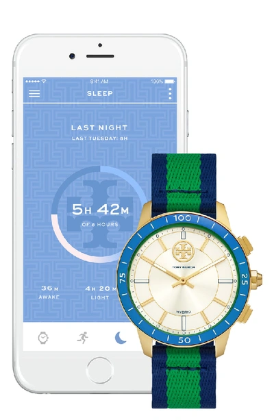 Tory Burch Collins Hybrid Nato Strap Smart Watch, 38mm In Blue/ Green/  White/ Gold | ModeSens