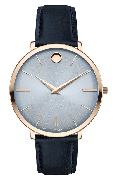 Shop Movado Ultraslim Leather Strap Watch, 35mm In Navy/ Carnation Gold