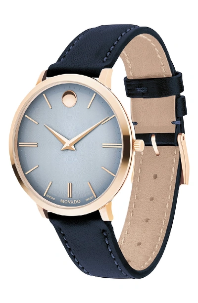 Shop Movado Ultraslim Leather Strap Watch, 35mm In Navy/ Carnation Gold