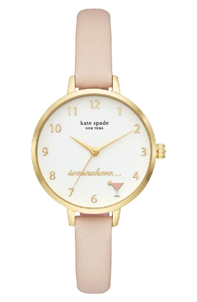 Shop Kate Spade Metro 5 O'clock Somewhere Leather Strap Watch, 34mm In Tan/ White/ Gold