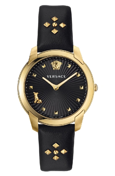 Shop Versace Audrey V Leather Strap Watch, 38mm In Black/ Gold