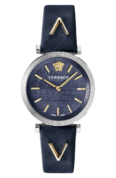 Shop Versace V Twist Leather Strap Watch, 36mm In Blue/ Silver