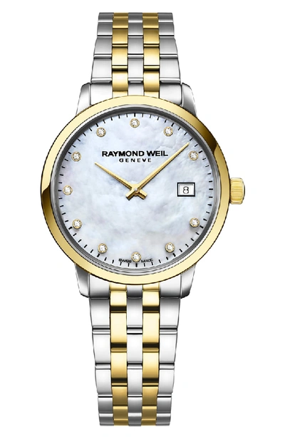 Shop Raymond Weil Toccata Diamond Bracelet Watch, 29mm In Silver/ Mop/ Gold