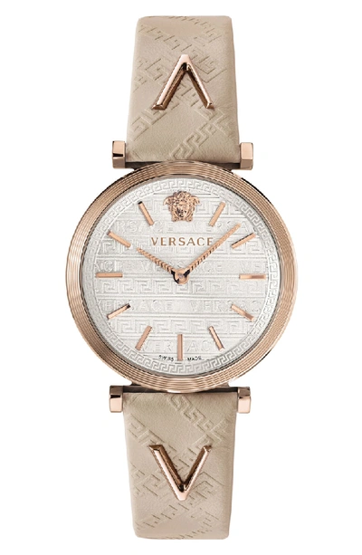 Shop Versace V Twist Leather Strap Watch, 36mm In Ivory/ Silver/ Rose Gold
