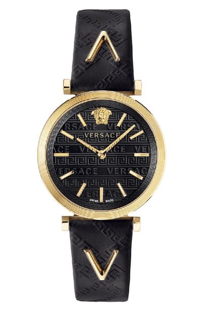 Shop Versace V Twist Leather Strap Watch, 36mm In Black/ Gold