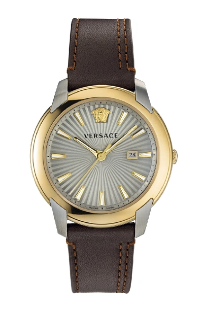 Shop Versace Urban Leather Strap Watch, 42mm In Brown/ Silver/ Gold