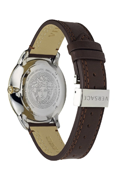 Shop Versace Urban Leather Strap Watch, 42mm In Brown/ Silver/ Gold