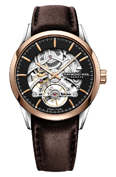 Shop Raymond Weil Freelancer Skeletal Automatic Leather Strap Watch, 42mm In Brown/ Black/ Rose Gold