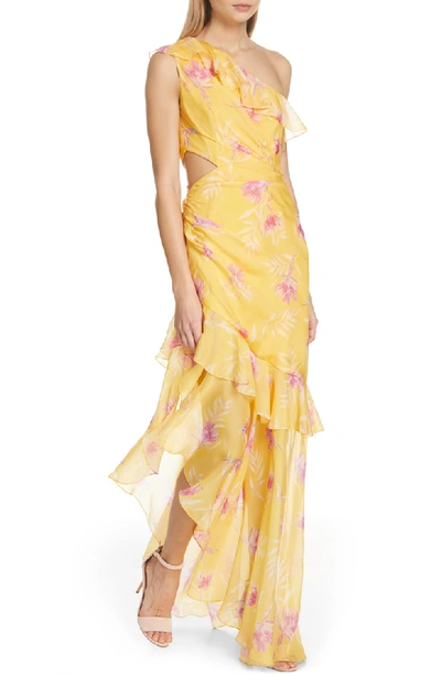 Shop Amur Vi Floral Print Silk One-shoulder Evening Dress In Golden Yellow