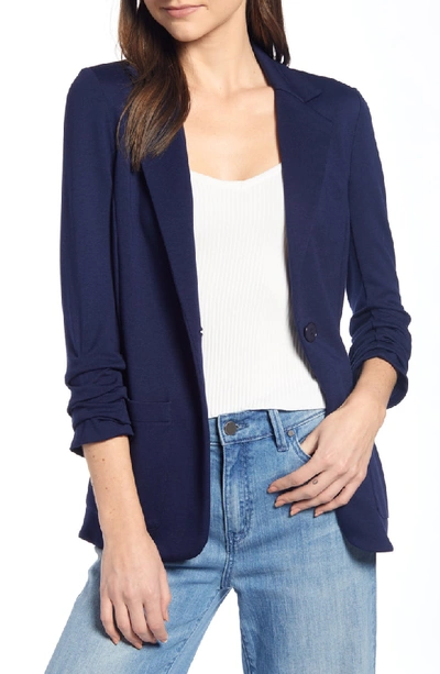 Shop Bailey44 'jane' Ruched Sleeve Knit Blazer In Sailor
