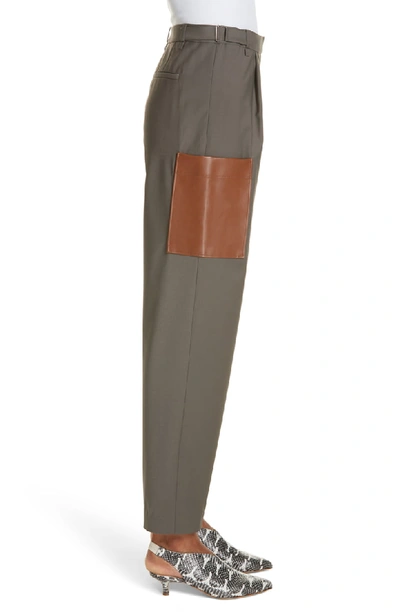 Shop Tibi Tablier Leather Pocket Plain Weave Straight Leg Pants In Dark Stone