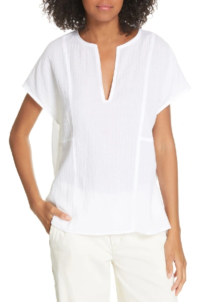 Shop Vince Seam Detail Cotton Split Neck Cotton Top In Optic White