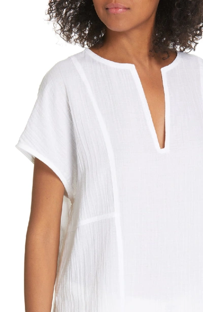 Shop Vince Seam Detail Cotton Split Neck Cotton Top In Optic White