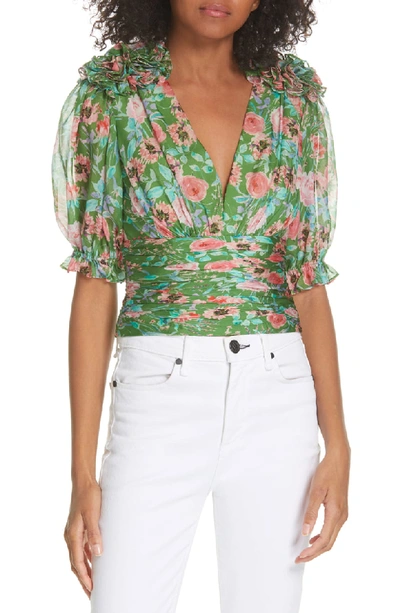 Shop Amur Neil Floral Print Silk Blouse In Grass Green