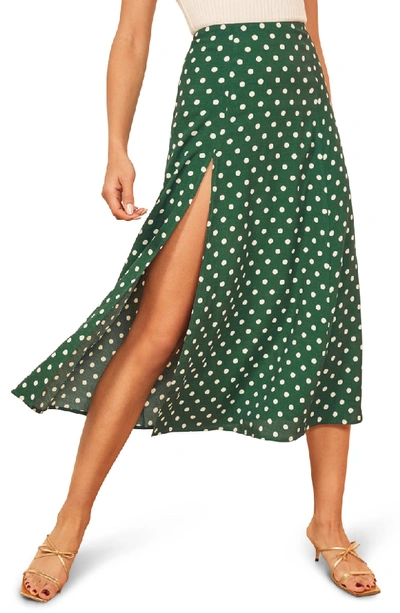 Shop Reformation Zoe Side Slit Midi Skirt In Pinesol
