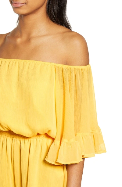 Shop Endless Rose Off The Shoulder Ruffle Sleeve Romper In Yellow
