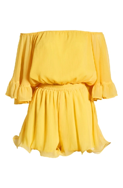 Shop Endless Rose Off The Shoulder Ruffle Sleeve Romper In Yellow