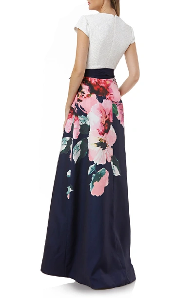 Shop Carmen Marc Valvo Infusion Sequin & Floral Evening Dress In White/ Navy