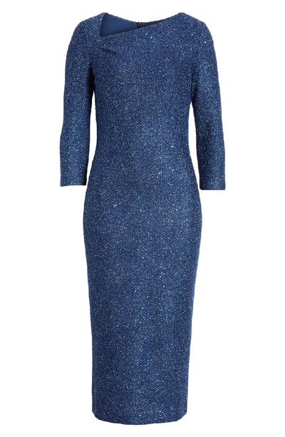 St. John Luxe Sequin Asymmetric-neck 3/4-sleeve Tuck Knit Dress In