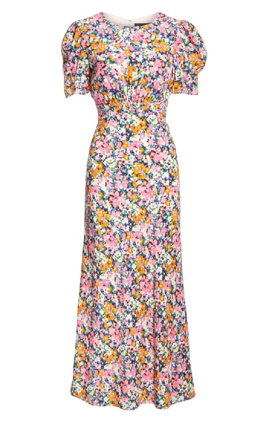 Shop Saloni Bianca Puff Sleeve Silk Midi Dress In Pink Rosette