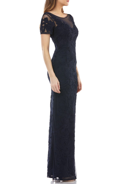 Shop Js Collections Illusion Yoke Short Sleeve Soutache Gown In Navy
