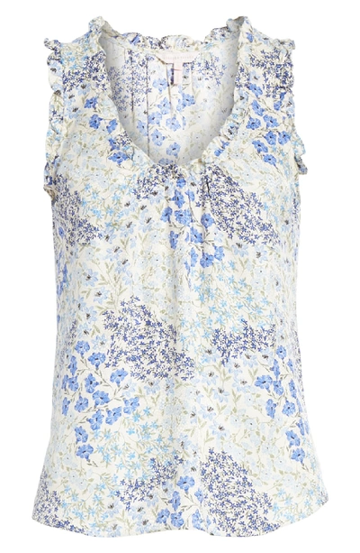Shop Rebecca Taylor Floral Shirred Silk Tank Top In Cream/ Blue Combo