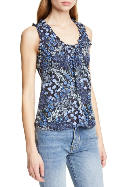 Shop Rebecca Taylor Floral Shirred Silk Tank Top In Navy Combo