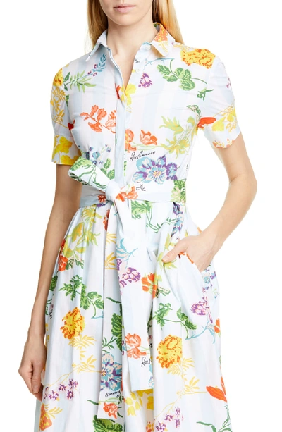 Shop Carolina Herrera Floral Print Stretch Cotton Shirtdress In Blue Multi