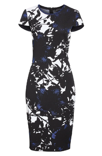 Shop St John Graphic Floral Jacquard Sweater Dress In Caviar/ Cobalt Multi