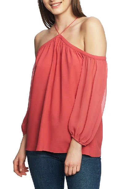 Shop 1.state Off The Shoulder Sheer Chiffon Blouse In Coral Poppy