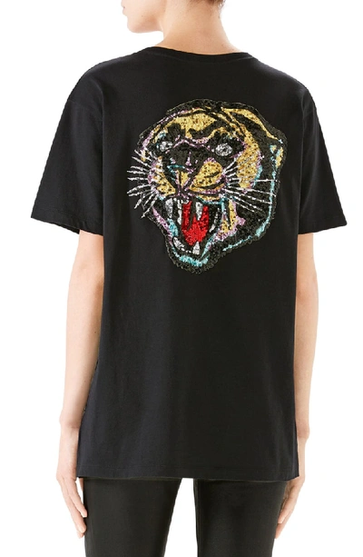 Shop Gucci Sequin Tiger Logo Tee In Black/ Multicolor