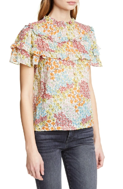 Shop Rebecca Taylor Ava Floral Ruffle Detail Silk & Cotton Top In Multi Combo