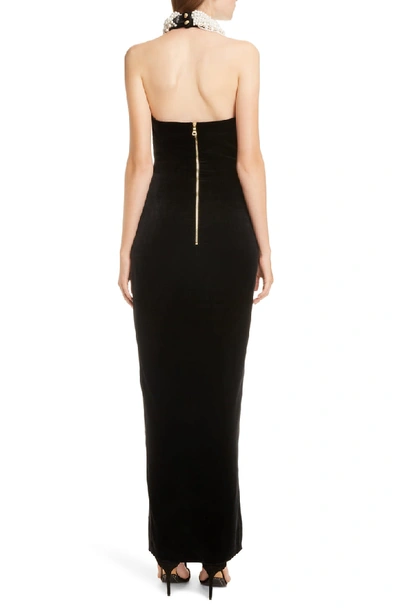 Balmain Imitation Pearl Necklace Halter Evening Dress In Black | ModeSens