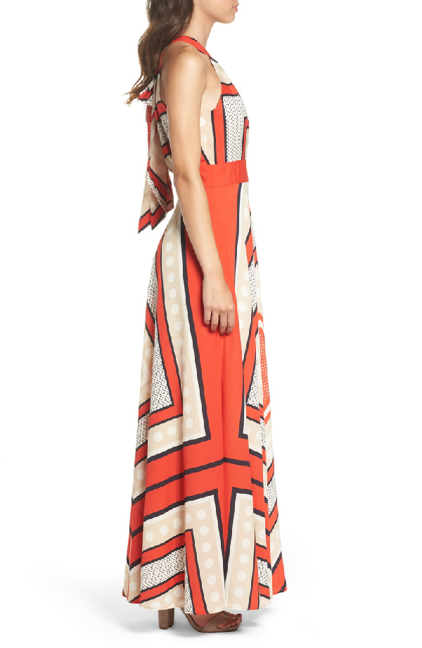 scarf print crêpe de chine fit & flare maxi dress