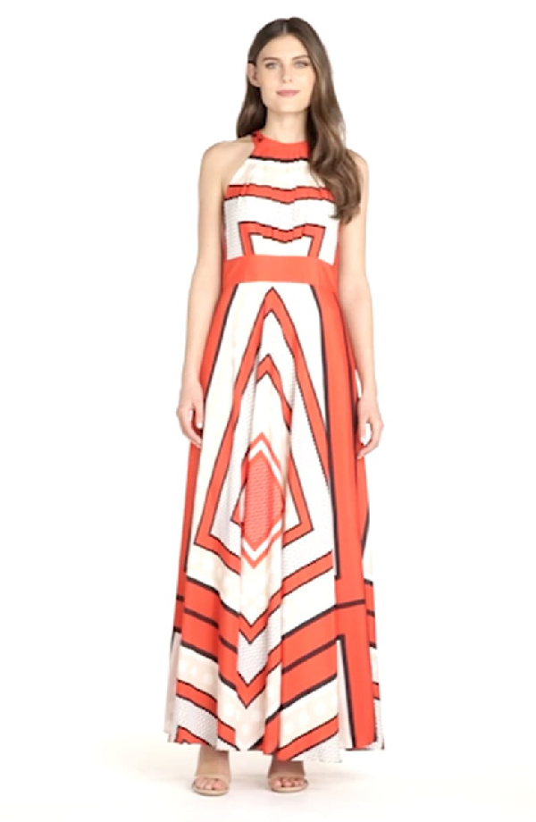 scarf print crêpe de chine fit & flare maxi dress