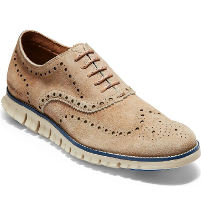 Shop Cole Haan Zerogrand Wingtip Derby In Denim Extra Camel Suede