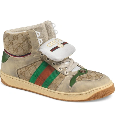 Shop Gucci Screener High Top Sneaker In Sand/ Green/ Red