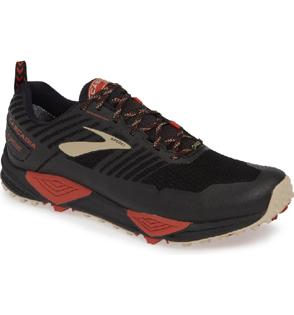 Brooks Cascadia 13 GoreTex Waterproof Trail Running Shoe In Black/ Red