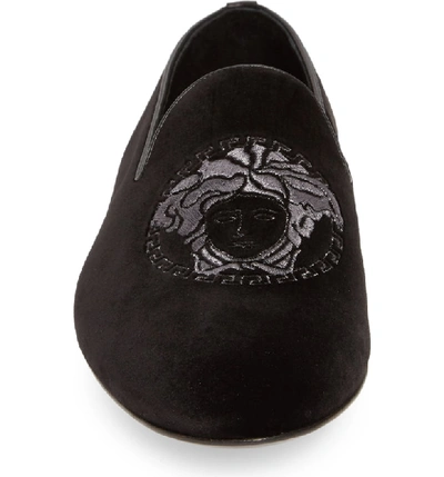 Shop Versace Medusa Embroidered Velvet Loafer In Black/ Ruthenium