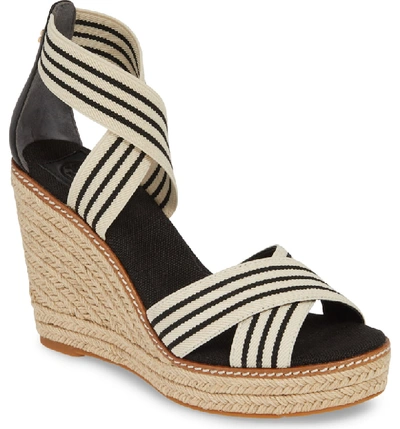 Shop Tory Burch Frieda Espadrille Wedge Sandal In Black And White Stripe/ Black