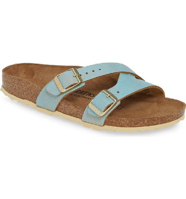 washed metallic aqua birkenstock