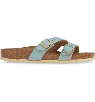 Shop Birkenstock Yao Metallic Slide Sandal In Washed Metallic Aqua Leather