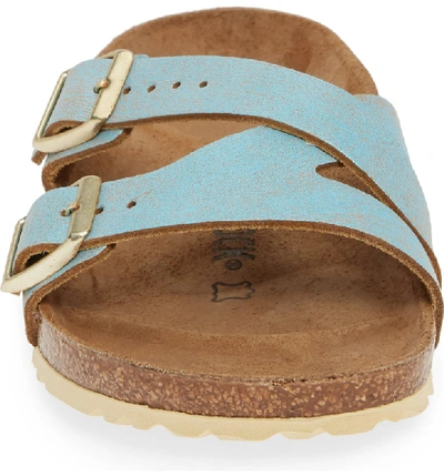 Shop Birkenstock Yao Metallic Slide Sandal In Washed Metallic Aqua Leather