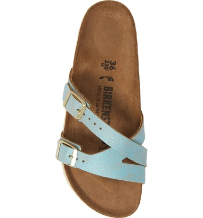 Shop Birkenstock Yao Metallic Slide Sandal In Washed Metallic Aqua Leather