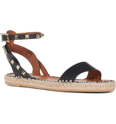 Shop Valentino Rockstud Espadrille Sandal In Black Leather