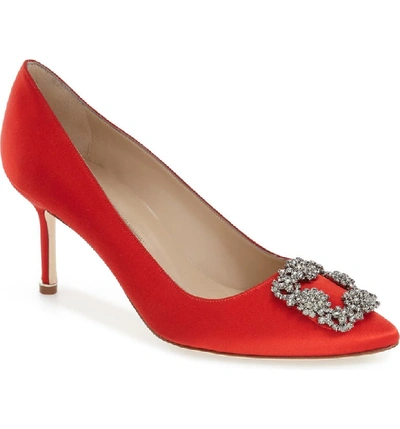 Shop Manolo Blahnik 'hangisi' Pointy Toe Pump In Red Satin