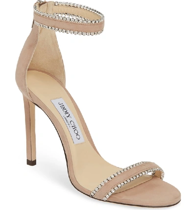 Shop Jimmy Choo Dochas Embellished Ankle Strap Sandal In Ballet Pink Suede